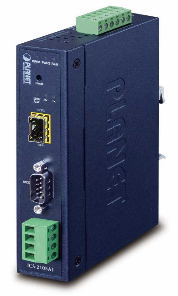 Planet průmyslový konvertor RS-232/422/485 na IP, 1x COM, 1x 100Base-FX/SFP, 9-48VDC, -40~+75°C, IP30, SNMP+Telnet