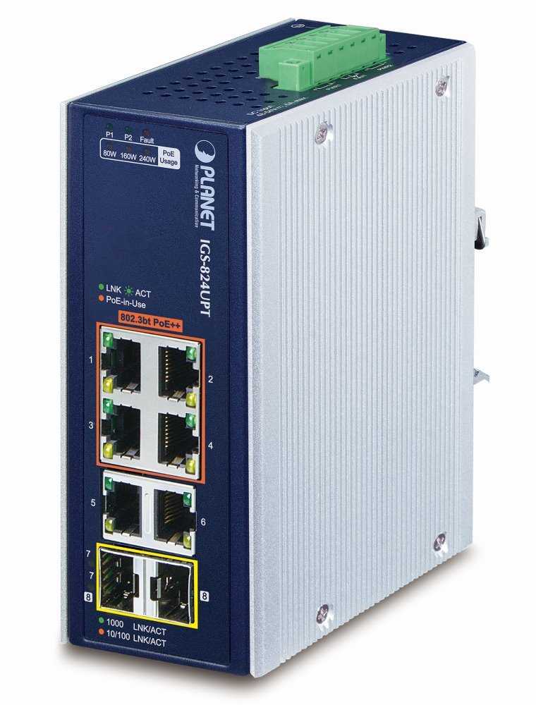 Planet Průmyslový PoE switch, 6x1Gb + 2x1Gb SFP, 4x PoE 802.3bt 90/240W, -40až75°C, dual 48-54VDC, IP30, fanless