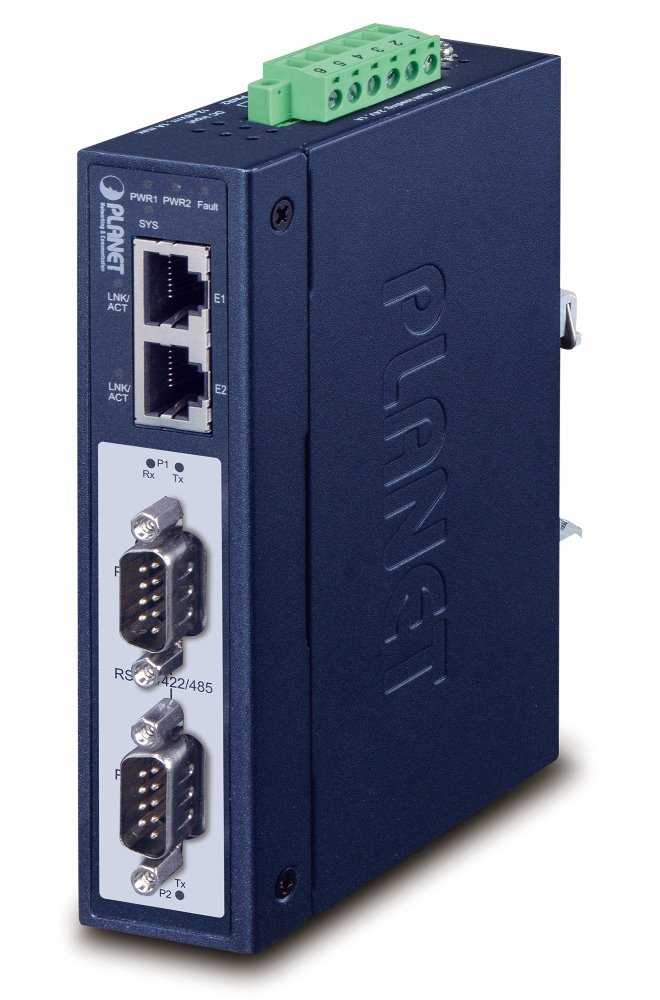 Planet MODBUS průmyslová brána RS-232/422/485 na IP, 2x COM, 100Base-TX, RTU/ACSII, -40až+75°C, 12-48VDC, IP30
