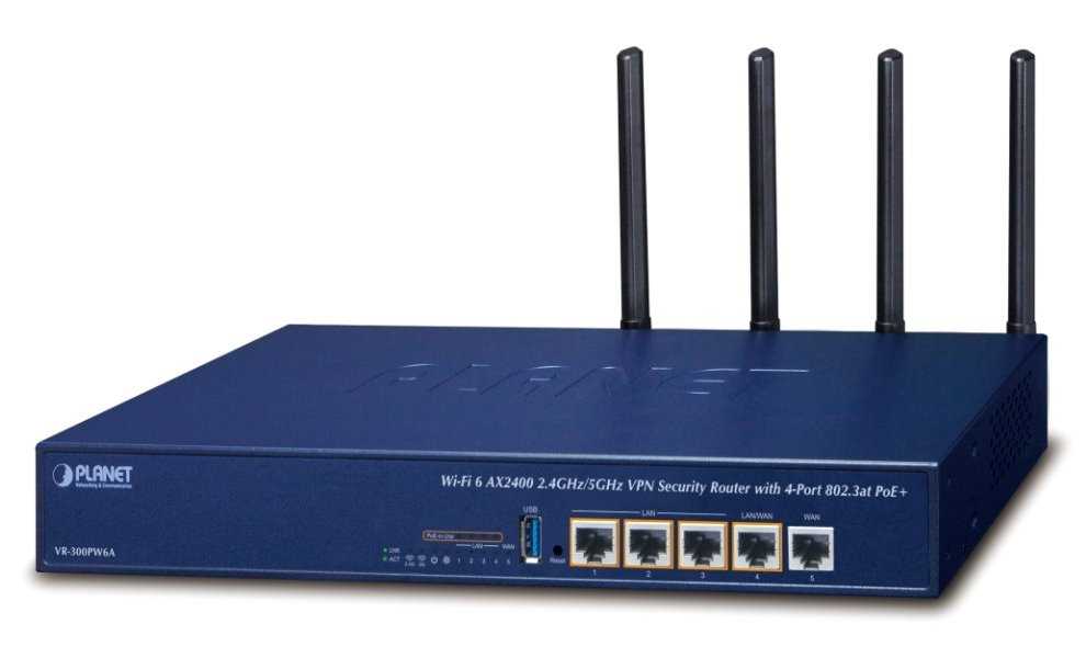 Planet VR-300PW6A Enterprise router/firewall VPN/VLAN/QoS/HA/AP kontroler, 2xWAN(SD-WAN), 3xLAN, 4xPOE120W, WiFi802.11ax