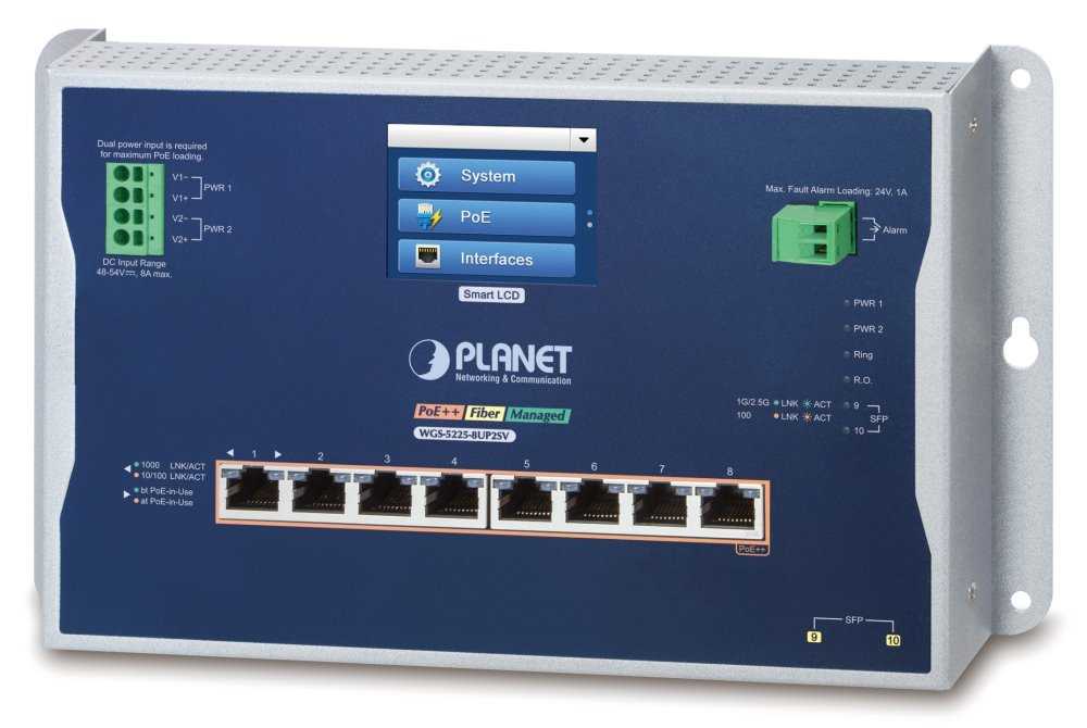 Planet WGS-5225-8UP2SV plochý L3 switch, 8x1Gb, 2x2.5Gb SFP, PoE 95/720W, 48-54VDC, -20~70°C, IP30, fanless, touch LCD