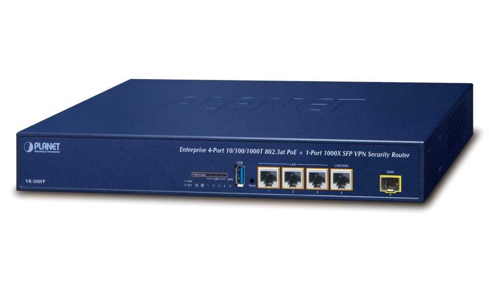 Planet VR-300FP Enterprise router/firewall VPN/VLAN/QoS/HA/AP kontroler, 2x WAN (SD-WAN), 3x LAN, 1x SFP, 4x PoE 802.3at