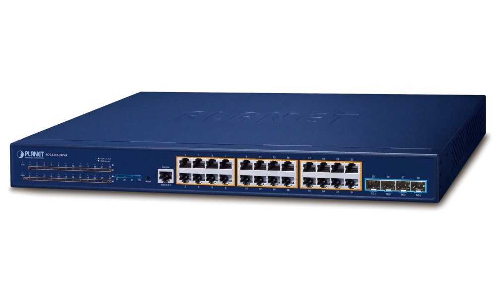 Planet SGS-6310-24P4X L3 switch, 24x1Gb, 4x10Gb SFP+, 24x PoE 802.3at 370W, HW/IP stack, VSF/Cluster