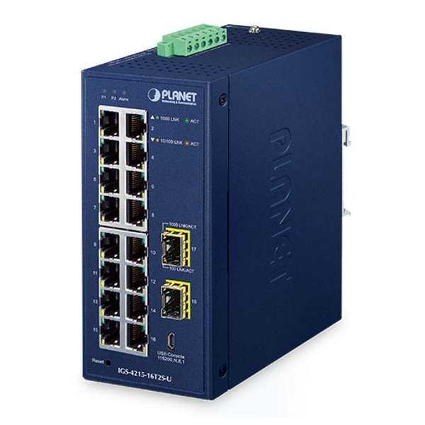 Planet IGS-4215-16T2S-U průmyslový L2 switch, 16x1Gb, 2x1Gb SFP, dual 9-48VDC, -40~75°C, 1x Micro-USB female port, IP30