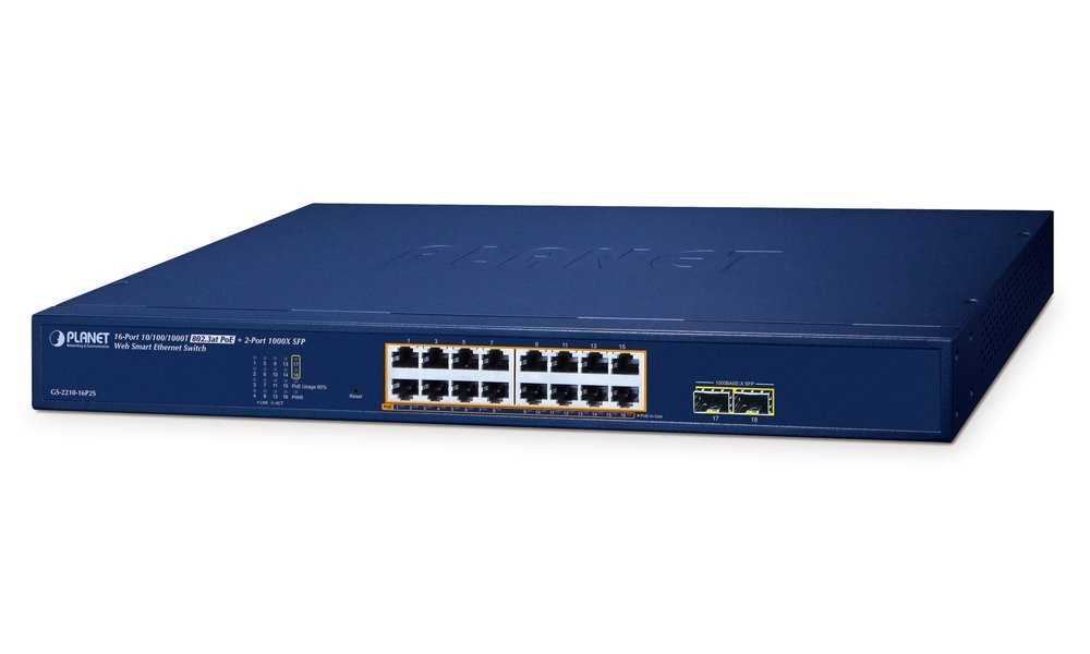 Planet GS-2210-16P2S WEBsmart L2 switch, 16x1Gb, 2x1Gb SFP, 16x PoE 802.3at 240W, QoS