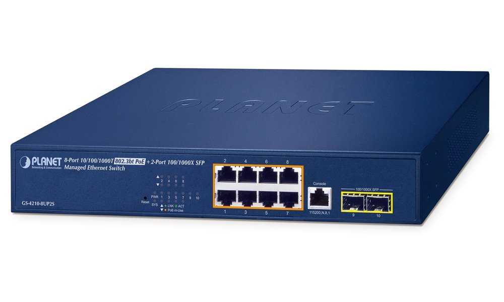 Planet GS-4210-8UP2S L2/L4 switch, 8x1Gb, 2x1Gb SFP, 8x PoE 802.3bt 180W, 0~50°C , QoS