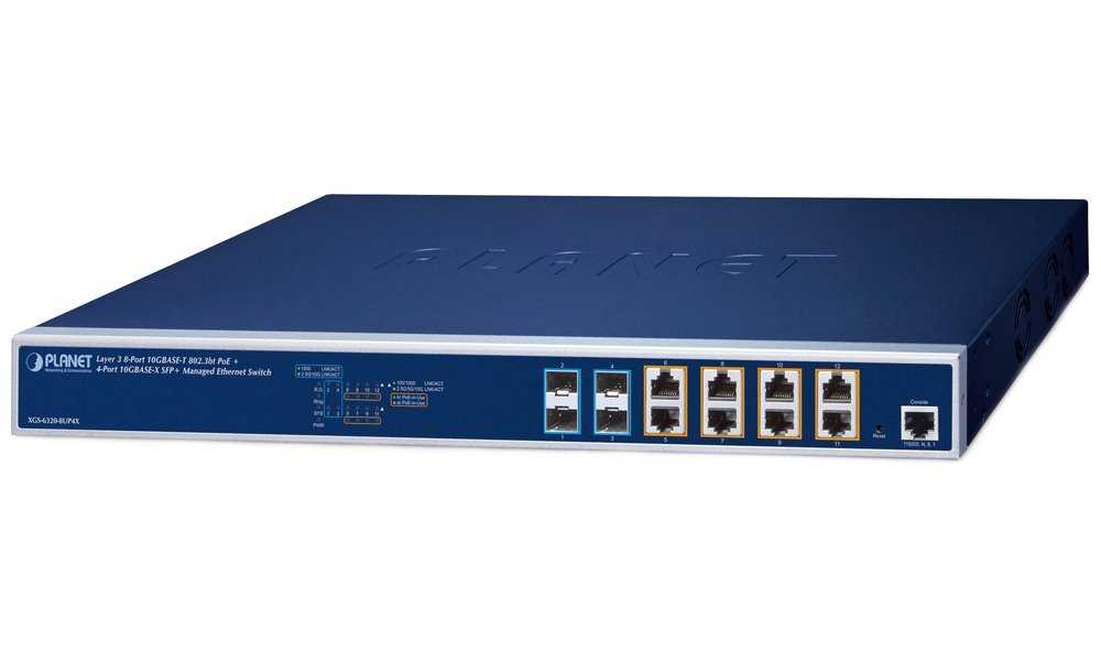 Planet XGS-6320-8UP4X L3 switch, 8x10Gb, 4x10Gb SFP+, 8x PoE 802.3bt 420W, 0~50°C , QoS