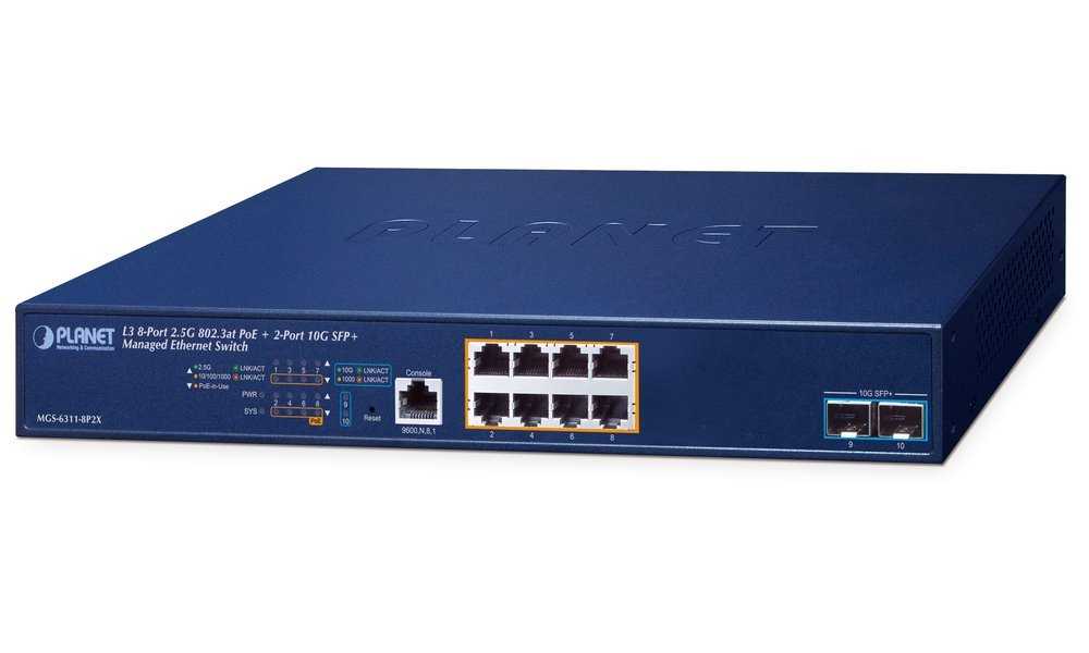 Planet MGS-6311-8P2X L3 switch, 8x2.5Gb, 2x10Gb SFP+, 8x PoE 802.3at 150W, 0~50°C , QoS