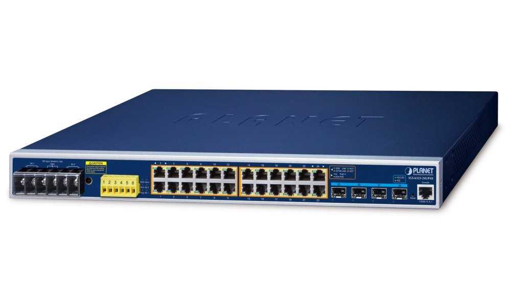 Planet IGS-6325-24UP4X průmyslový L3 switch, 24x1Gb, 4x10Gb SFP+, 24x PoE 802.3bt 720W, -40~75°C, dual 48-54VDC, IP30