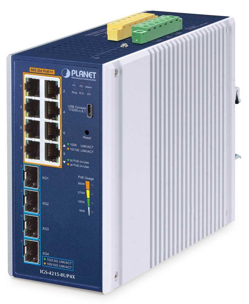 Planet IGS-4215-8UP4X průmyslový L2 switch, 8x1Gb, 4x10Gb SFP+,8x PoE 802.3bt 240W, -40~75°C, dual 48-54VDC,IP30,fanless