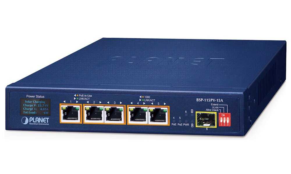 Planet BSP-115PV-15A  solární PoE+ switch, 5x1Gb, 1x1Gb SFP, 5x PoE+ 802.3at, -20~65°C , IP30, LCD displej