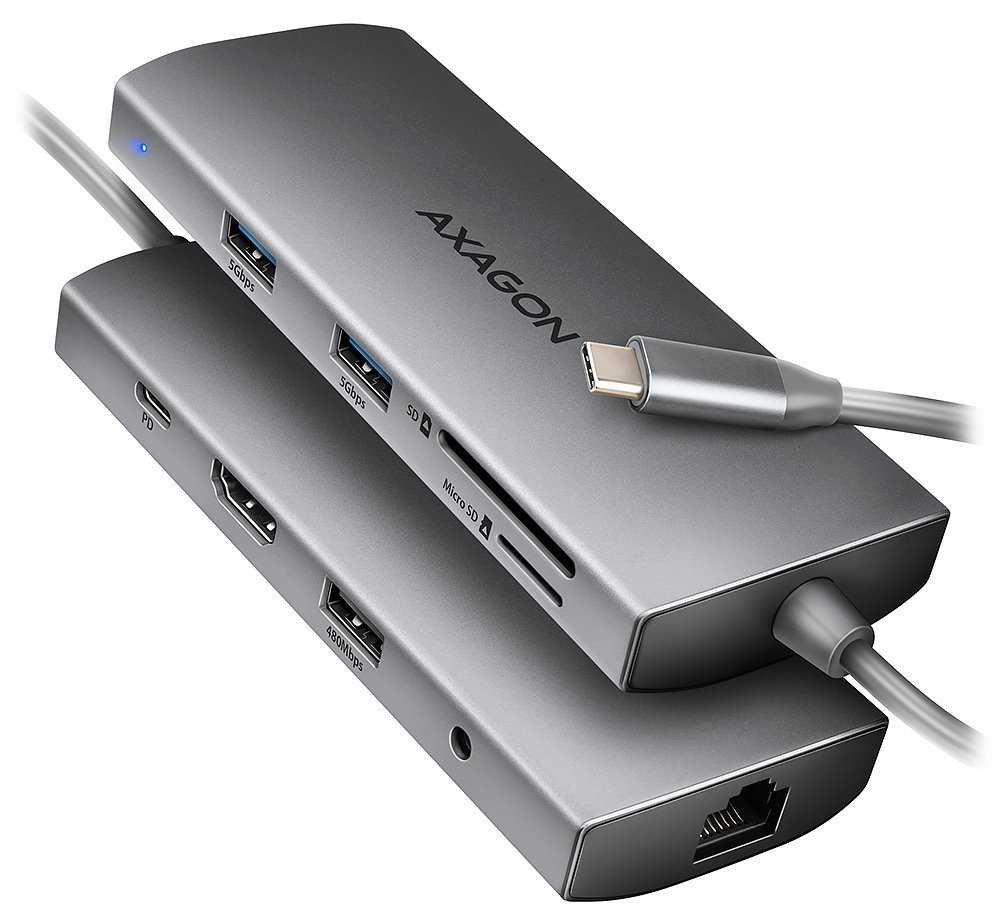 AXAGON multi USB-C 9v1 hub / HMC-8HLSA / USB 3.2 Gen1 / 1x PD 100W / 1xHDMI / 3x USB-A / RJ-45 / 3,5 jack / SD / 20cm
