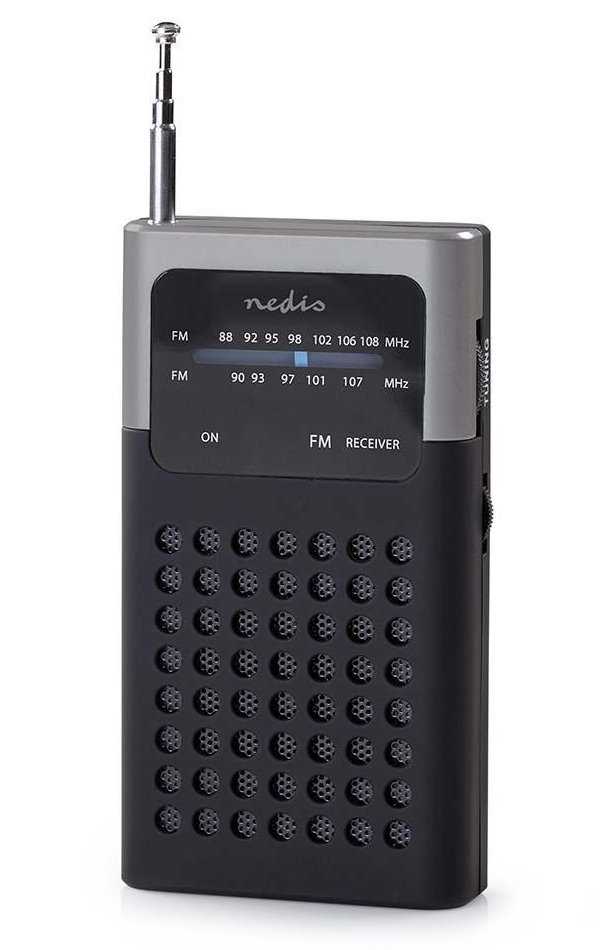 NEDIS přenosné rádio/ FM/ napájení z baterie/ analogové/ 1.5 W/ výstup pro sluchátka/ černo-šedé