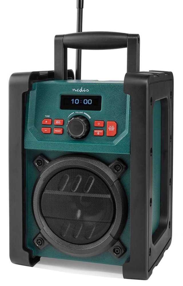 NEDIS digitální pracovní rádio/ stolní/ výkon 15W/ DAB+/ FM/ Bluetooth/ IP65/ napájení z baterie/síťové/ černo-zelené