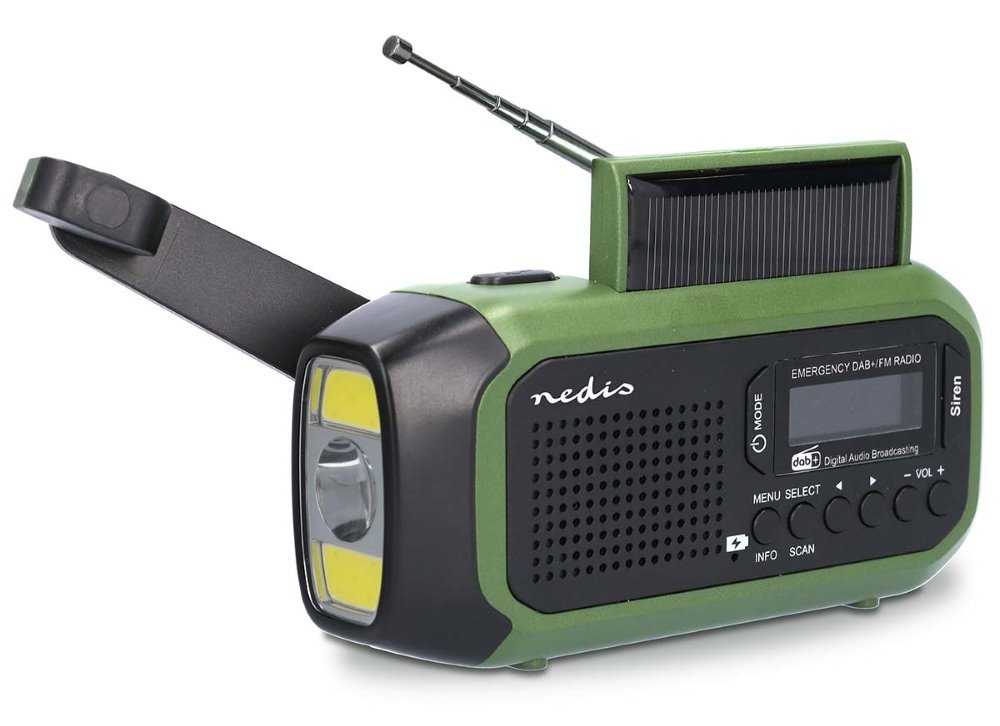 NEDIS přenosné nouzové rádio/ napájení z baterie/ z USB/ solární panel/ DAB+ / FM/ budík/ světlo/ černo-zelené