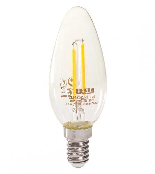 TESLA LED žárovka FILAMENT RETRO svíčka/ E14/ 2,5W/ 230V/ 250lm/ 2700K/ teplá bílá/ čirá