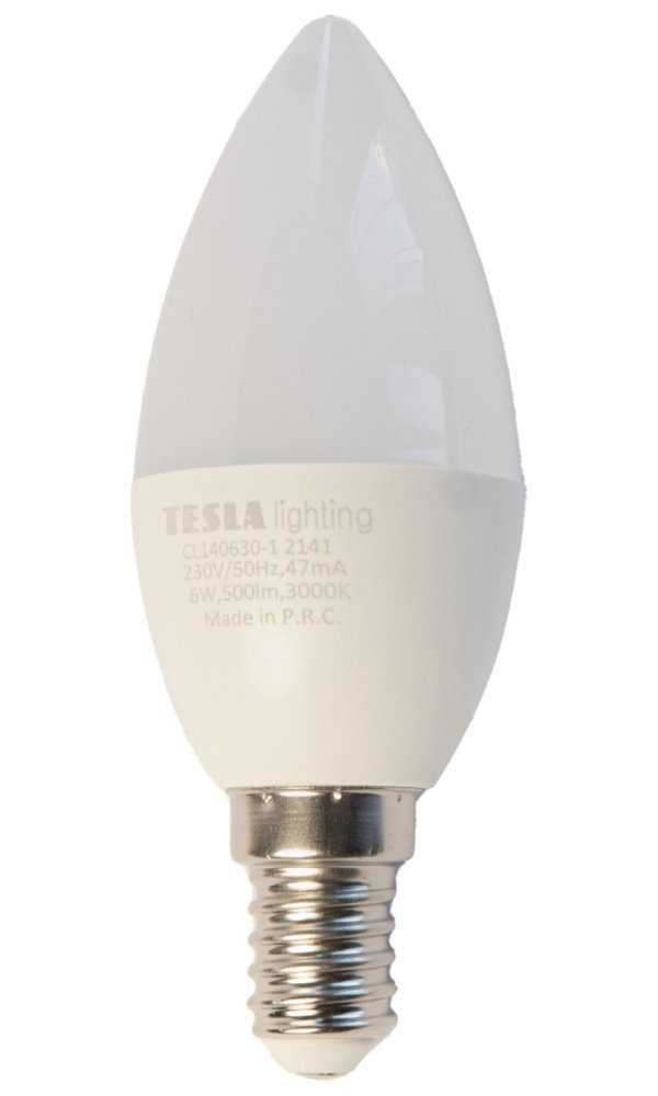 Tesla LED žárovka CANDLE svíčka/E14/6W/230V/500lm/25 000h/3000K teplá bílá/220st