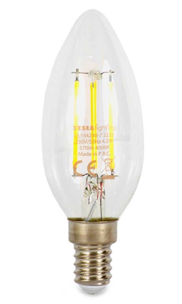 Tesla LED žárovka FILAMENT RETRO svíčka E14/4.2W/230V/570lm/25 000h/4000K denní bílá/360st/čirá
