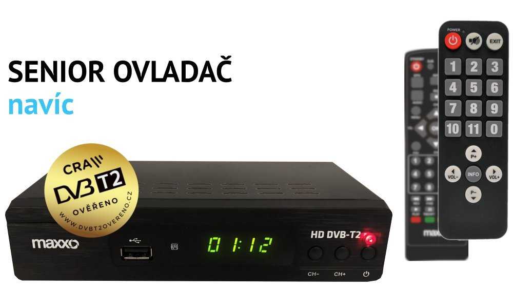 MAXXO Set Top Box DVB-T2 FullHD/ H.265 CRA ověřeno/ HDMI/ SCART/ USB + Senior ovladač